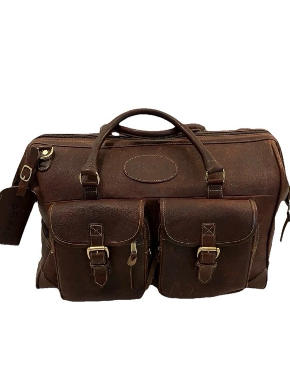 Orvis Dark Brown Leather Briefcase with Dual Front Buckle Pockets